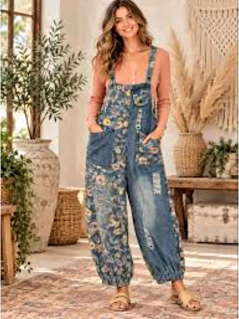 NWT Boutique Flower Denim Floral Overalls SZ L w pockets gathered ankles Oversiz